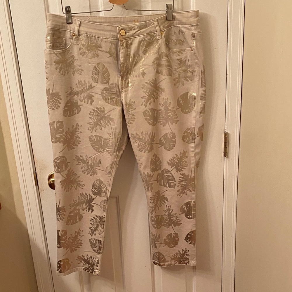 Beige and Gold Leaf Print Pants
